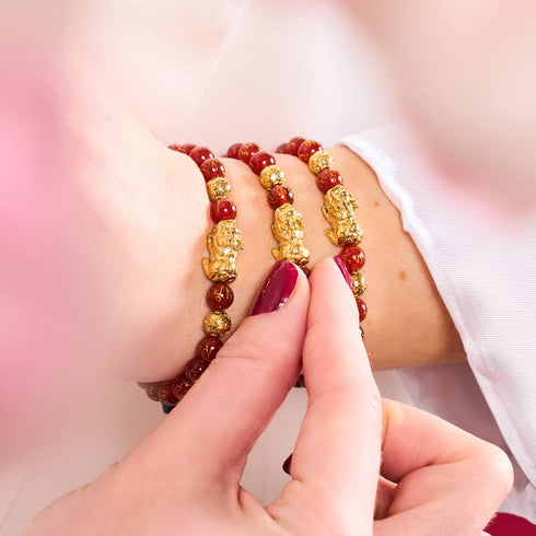 Mini Pixiu Feng Shui Armband | FEUER Element | Roter Achat x 18 Karat Gold